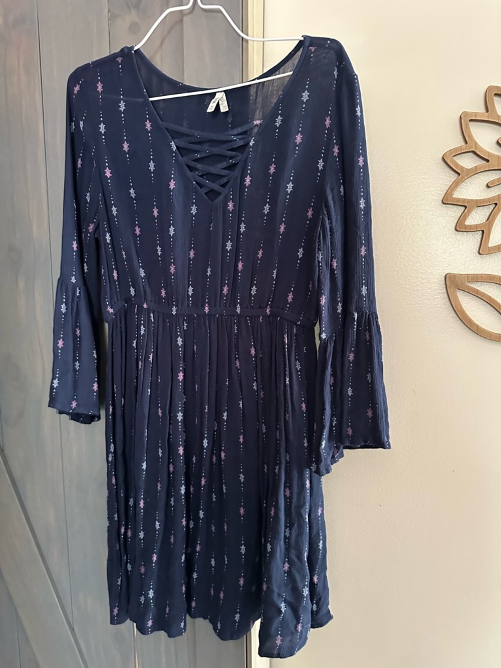 Mudd Navy Lace-Up Boho Tunic with Pink & Light Blue Ditsy Print